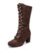Women's Round Toe Lace Up Suede Chunky Heel Knee Riding Boots - Brown