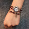 Ethnic Bracelet Watches Agate Beads Quartz Watches Vintage Leaf Pendant Wrist Watches for Women - Wine Red