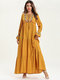 Long-sleeved Embroidered Multi-layer Pleated Maxi Dress - Yellow