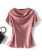 Women Satin Solid Cowl Neck Casual Short Sleeve Blouse - Pink