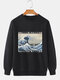 Mens Japanese Wave Ukiyoe Print Crew Neck Pullover Sweatshirts - Black