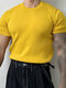 Camiseta masculina de manga curta em malha canelada sólida - Amarelo