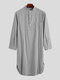 Breathable Length Henley Collar  Design Tops Solid Color Cotton Linen Casual Robes for Men - Grey