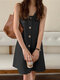 Solid Sleeveless U-neck Casual Fake Button Pocket Dress - Black