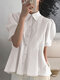 Solid Color Puff Sleeve Lapel Short Sleeve Casual Blouse - White