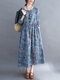 Plus Size Floral Print O-neck Knotted Casual Dress - Blue