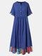 خمر المرقعة الشق الرقبة قصيرة الأكمام فستان ماكسي زر - أزرق