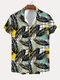 Mens Leaf Line Print Button Up Vacation Short Sleeve Shirts - Yellow