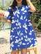 Leaves Print Pocket Crew Neck Short Sleeve Casual Dress - Blue