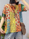 Women Floral Print O-neck Short Sleeve Loose Vintage Knitted T-Shirt - Yellow