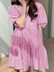Solid Color O-neck Patchwork Puff Half Sleeve Casual Dress - Pink