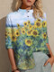 Sunflowers Print Stand Collar Plus Size Button Shirt for Women - Green