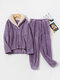 Women Fluffy Plush Thicken Lapel High Low Hem Loungewear Warm Pajamas Set - Purple