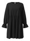 Solid Color O-neck Lantern Sleeve Plus Size Pleated Dress for Women - Black