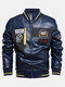 Mens PU Leather Casual Fleece Lined Thick Varsity Jacket With Badges - Blue