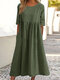 Solid Pleated Crew Neck Half Sleeve Dress With Pocket - Army Green