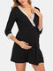 Maternity Lace Spliced Lace-up Three Quarter Sleeves Nursing Pajama Dress - Black