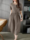Solid Drawstring Waist Pocket Short Sleeve Vintage Dress - Khaki