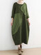 Ripped Selvedge Patchwork Long Sleeve Vintage Plus Size Dress - Army Green