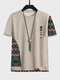 Mens Ethnic Geometric Pattern Patchwork Japanese Embroidered Short Sleeve T-Shirts - Apricot