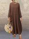 Casual Pleated Pockets Solid Cotton Plus Size Baggy Maxi Dress - Coffee
