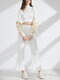 Conjunto de duas peças cropped manga longa cintura elástica sólida Yoga terno - Branco