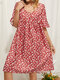 Summer Holiady Floral Print V-neck Loose Half Sleeve Dress for Women - Red