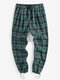 New Fashion Plaid Pattern Cotton Woven Drawstring Cargo Pants - Green