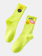 Women Cotton Smile Face Letters Patterned Cloth Label Breathable Medium Stockings Socks - Fluorescent Yellow