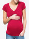 Solid Wrapped Neck Short Sleeve Maternity Nursing Top - Wine Red