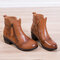 Leather Stitching Mid Heel Zipper Short Boots - Brown