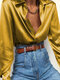 Elegante cor sólida manga longa básico cetim Plus tamanho Camisa para mulheres - Amarelo