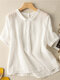 Women Solid Loose Short Sleeve Lapel Casual Blouse - White