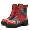 SOCOFY Retro Round Toe Embossing Floral Embroidery Cloth Leather Splicing Wearable Short Boots - Red