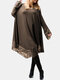 Irregular Lace Patchwork Long Sleeve Casual Plus Size Blouse - Coffee
