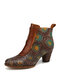 SOCOFY Retro Genuine Leather Flowers Pattern Comfy Casual Chunky Heel Ankle Boots - Brown