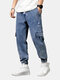 Mens Contrast Patchwork Drawstring Waist Cargo Style Cuffed Jeans - Blue