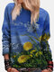 Landscape Calico Printed O-neck Long Sleeve Sweatshirt - Blue