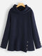 Casual Solid Color Turtleneck Button Long Sleeve Knitted Blouse - Blue