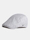 Men Cotton Linen Pinstripe Metal label Casual Beret Flat Cap - White