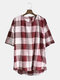 Mens Cotton Casual Breathable Thin Check Printed T-Shirts - Red