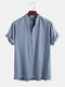 Men 100% Cotton Plain Striped Stand Collar Casual Short Sleeve Henley Shirts - Blue