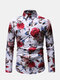 Mens Business Casual Flower Print Cotton Button Down Floral Print Slim Shirt - White