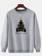 Mens Cat Christmas Tree Print Crew Neck Pullover Drop Shoulder Sweatshirts - Gray