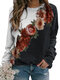 Flower Print Contrast Color Long Sleeve Sweatshirt For Women - Black