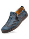Men Hand Stitching Leather Size-Zip Soft Sole Casual Shoes - Blue