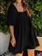 Jacquard Loose Solid Color Square Collar Half Sleeve Chiffon Dress - Black