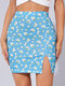 Bohemian Floral Print Slit Hem Elastic Waist Mini Skirt - Blue