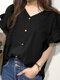 Solid Button Ruffle Sleeve V-neck Blouse For Women - Black