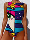 Women One Piece Graffiti Abstract Print Patchwork High Neck Sleeveless Slimming Swimsuit - Blue